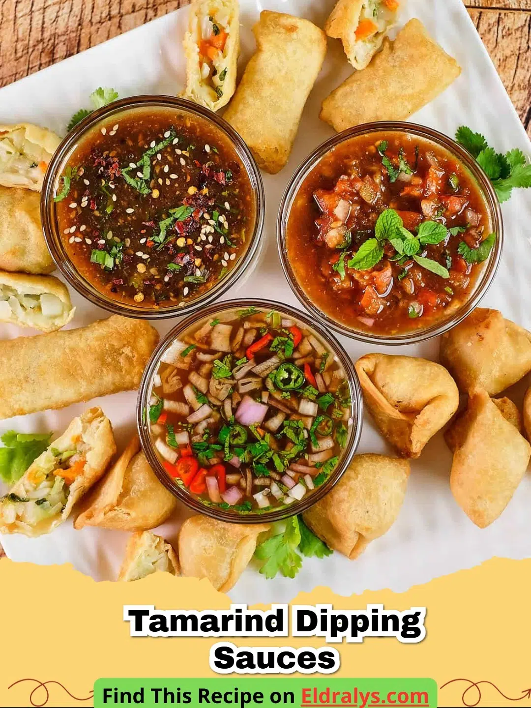 A small glass bowl filled with Easy Tamarind Dipping Sauce garnished with fresh cilantro and shallots.