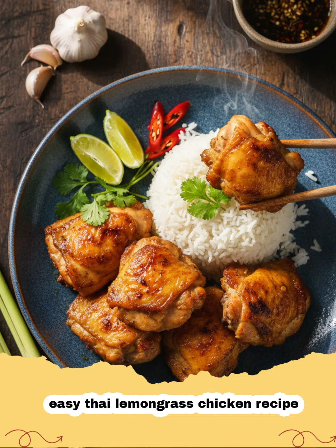 easy thai lemongrass chicken recipe - A close-up of golden brown lemongrass chicken with herbs and rice.