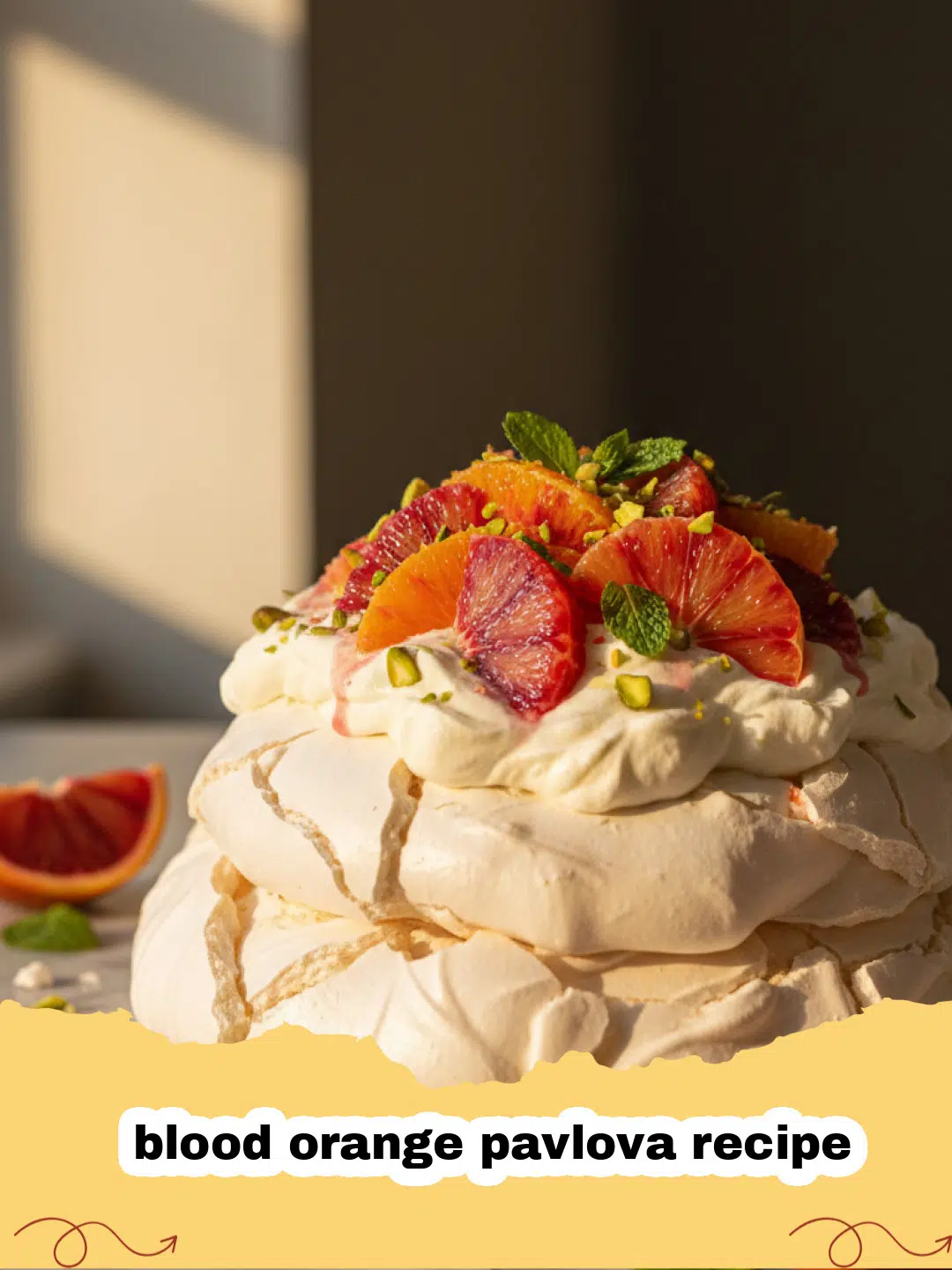 blood orange pavlova recipe - A beautiful blood orange pavlova on a white platter with vibrant red citrus segments.
