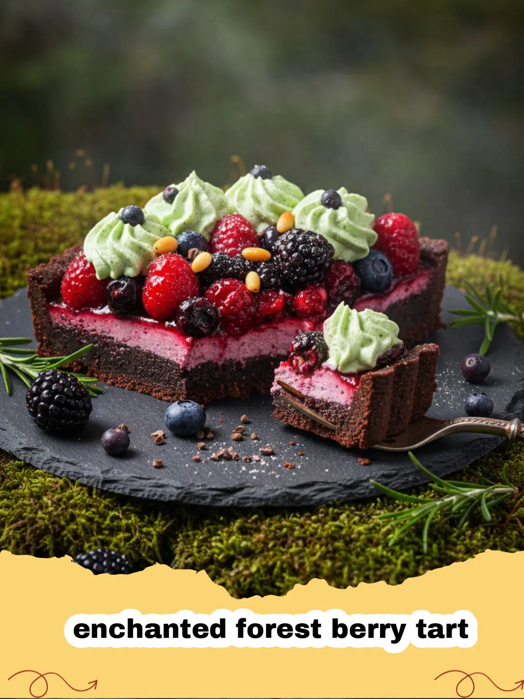A close-up of a beautiful enchanted forest berry tart decorated with various wild berries and small pastry leaves.