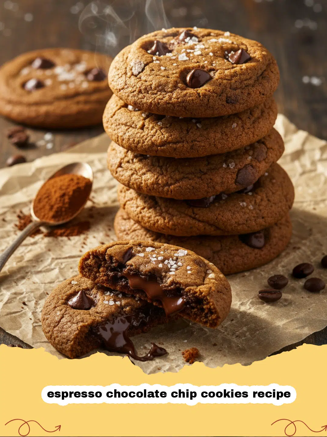 espresso chocolate chip cookies recipe - A stack of freshly baked espresso chocolate chip cookies with melting chocolate.