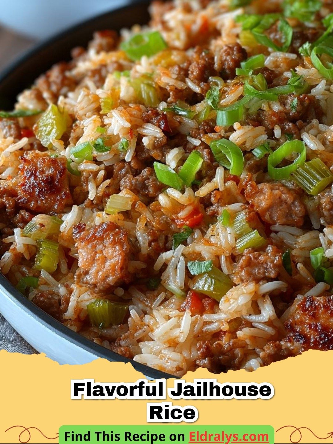 A steaming bowl of Flavorful Jailhouse Rice with sliced smoked sausage and green onions.