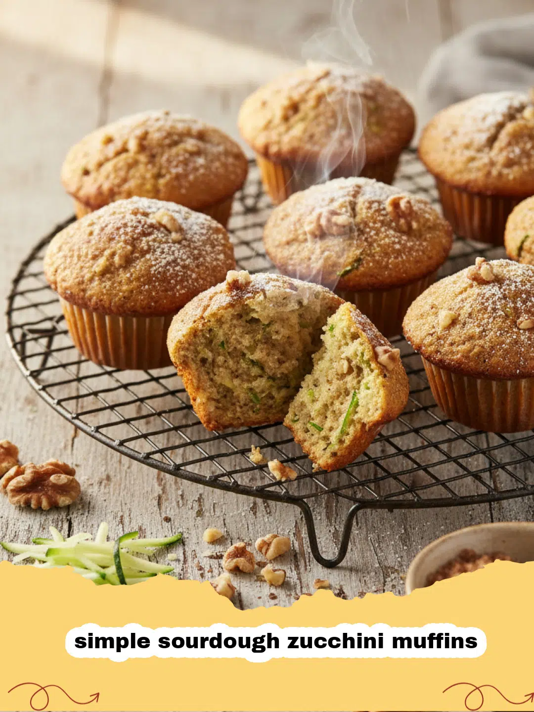 A stack of moist simple sourdough zucchini muffins on a wooden cooling rack.
