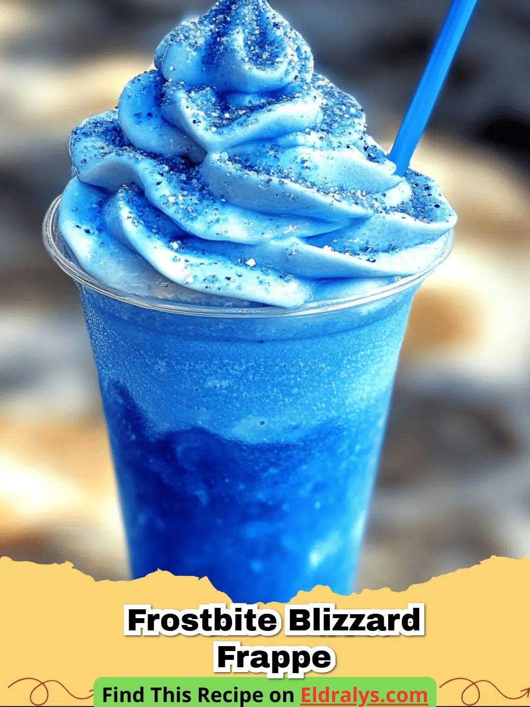 A tall glass of Frostbite Blizzard Frappe topped with whipped cream and blue sprinkles.