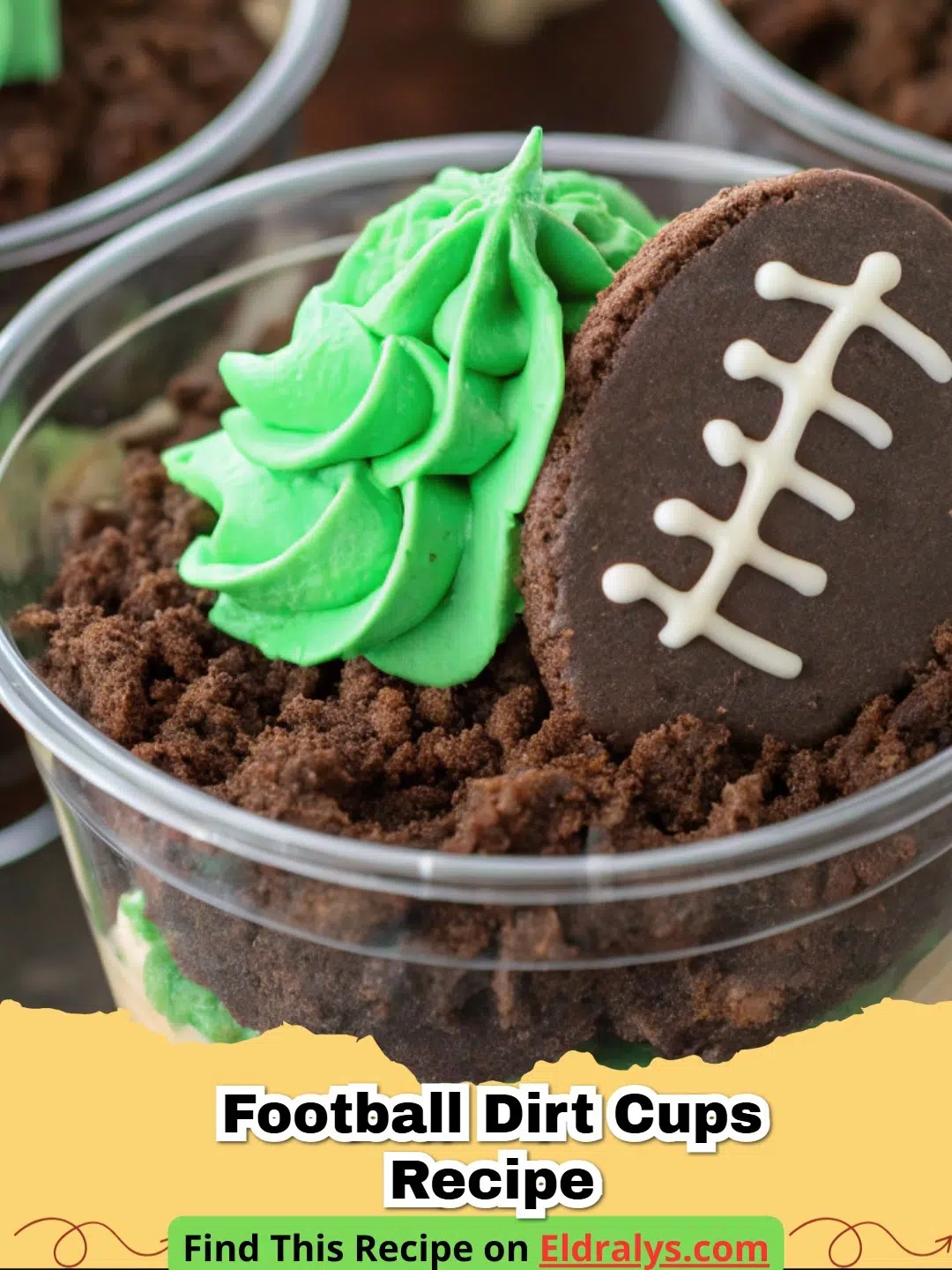 A close up of individual Football Dirt Cups Recipe treats with chocolate cookie dirt and almond footballs on top.