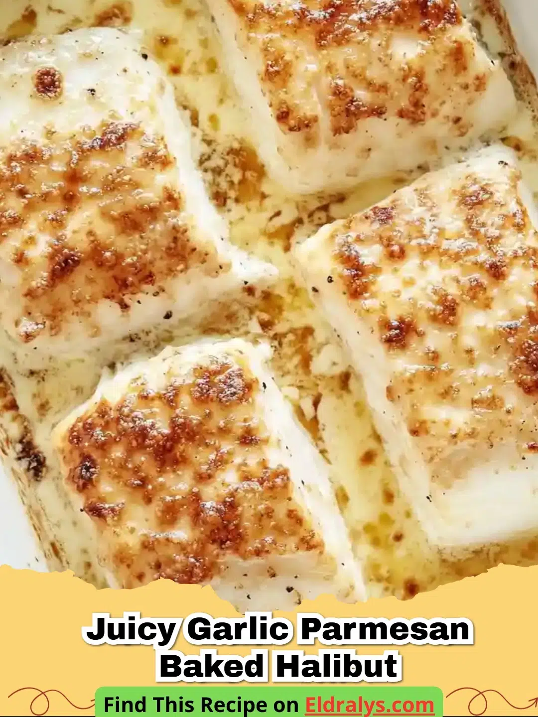 Close-up of Garlic Parmesan Baked Halibut with a golden-brown crust and fresh herbs.