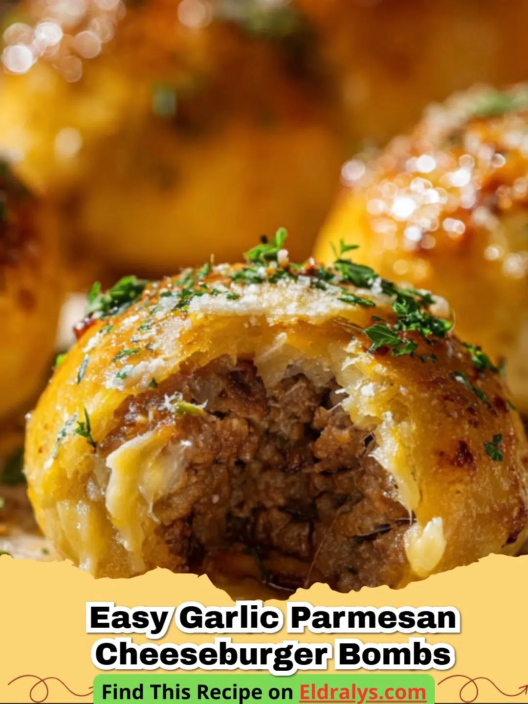 Golden brown Garlic Parmesan Cheeseburger Bombs on a baking sheet