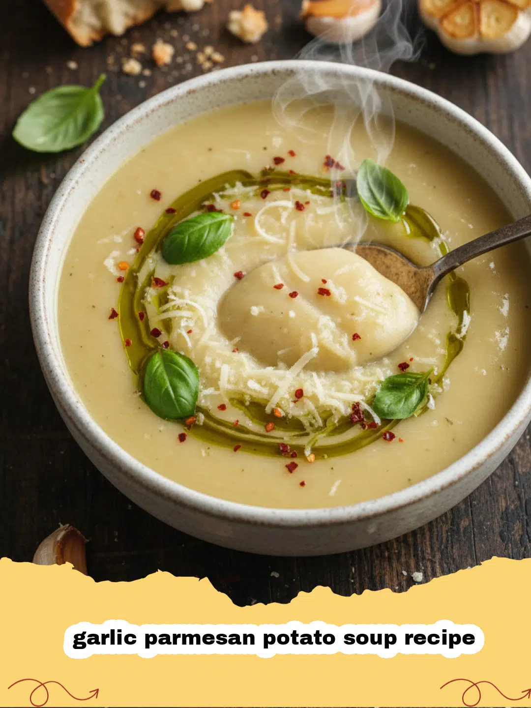 garlic parmesan potato soup recipe - A steaming bowl of garlic parmesan potato soup topped with herbs and cheese.