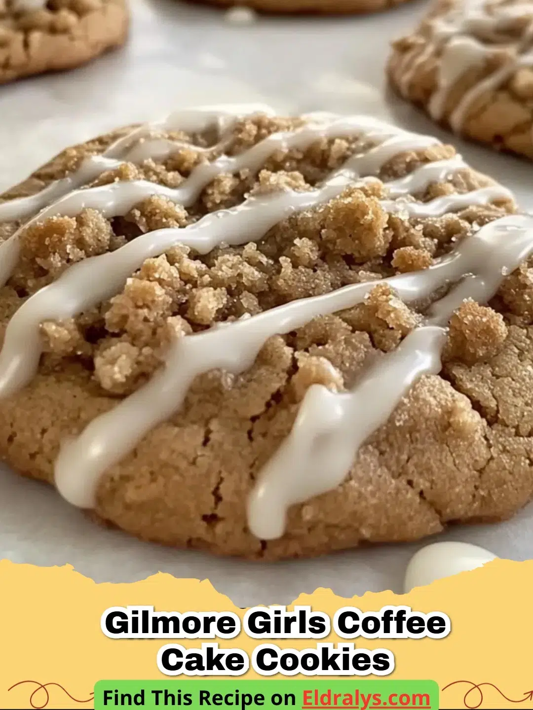 A tray of Gilmore Girls Coffee Cake Cookies with golden streusel and white icing drizzle.