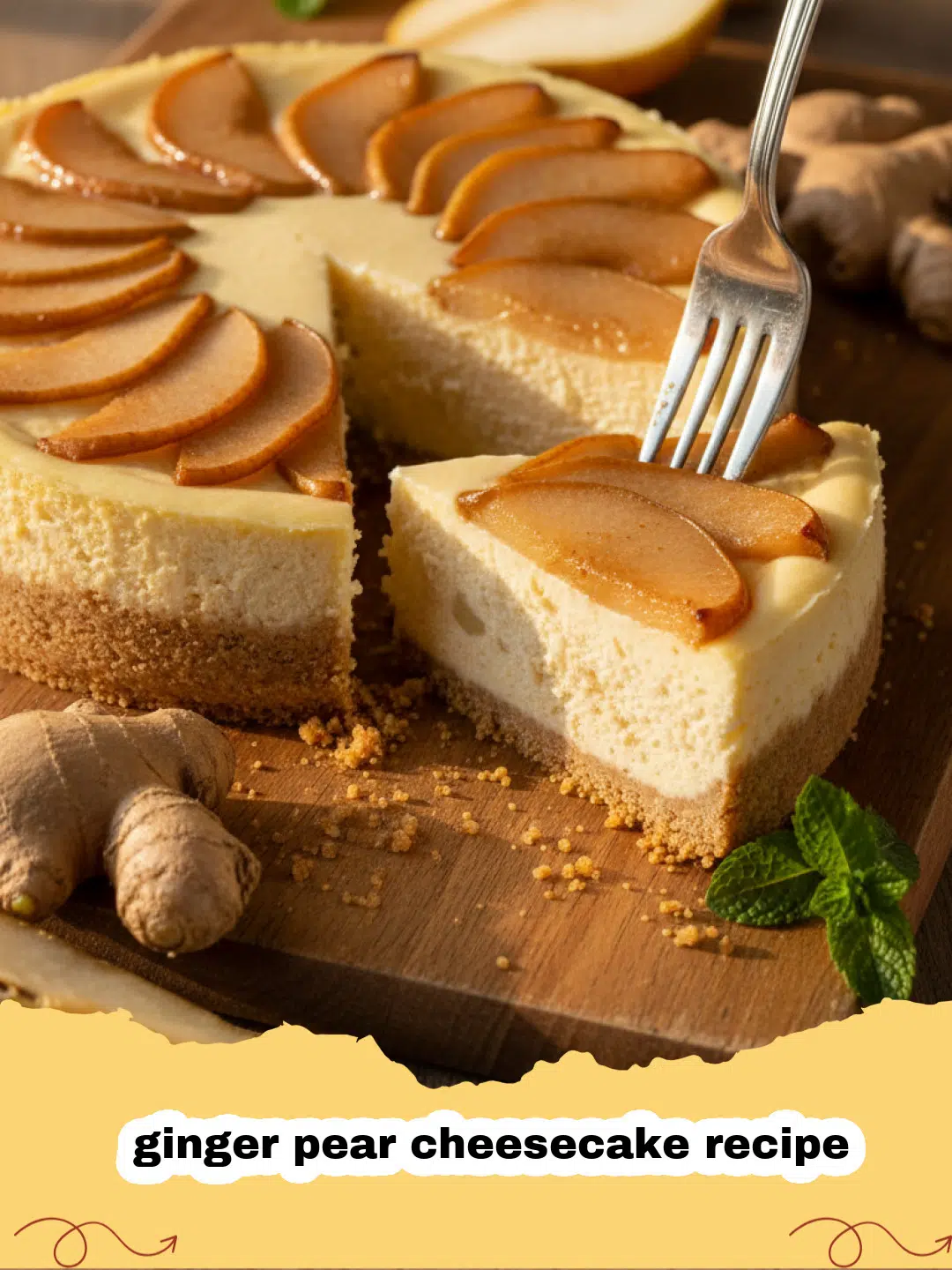 ginger pear cheesecake recipe - A beautiful ginger pear cheesecake with sliced pears on top