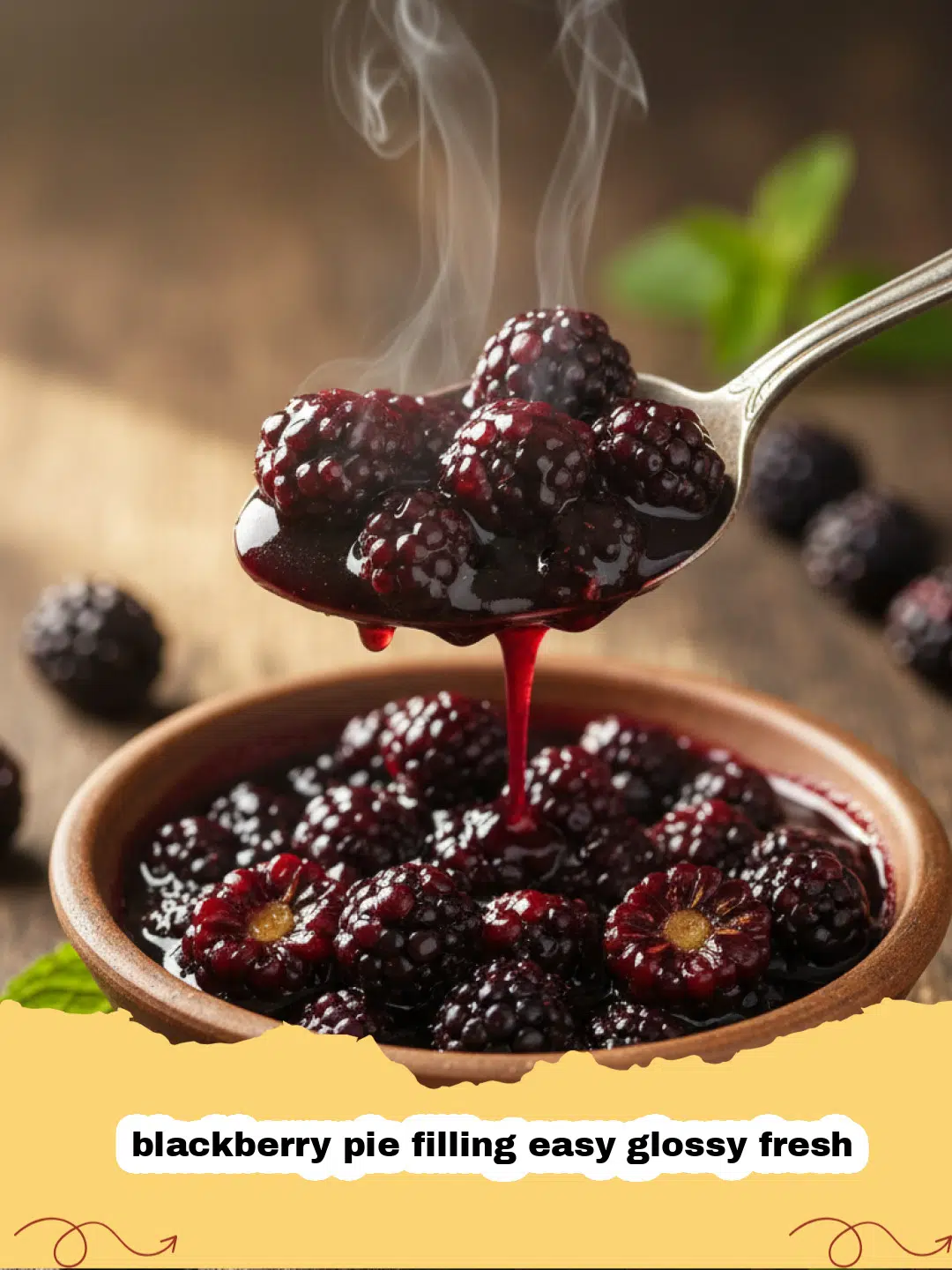 blackberry pie filling easy glossy fresh - A close-up of glossy purple blackberry pie filling in a glass bowl with a wooden spoon.