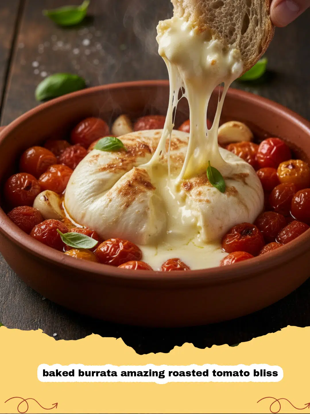 baked burrata amazing roasted tomato bliss - Baked Burrata Amazing Roasted Tomato Bliss in a skillet with basil