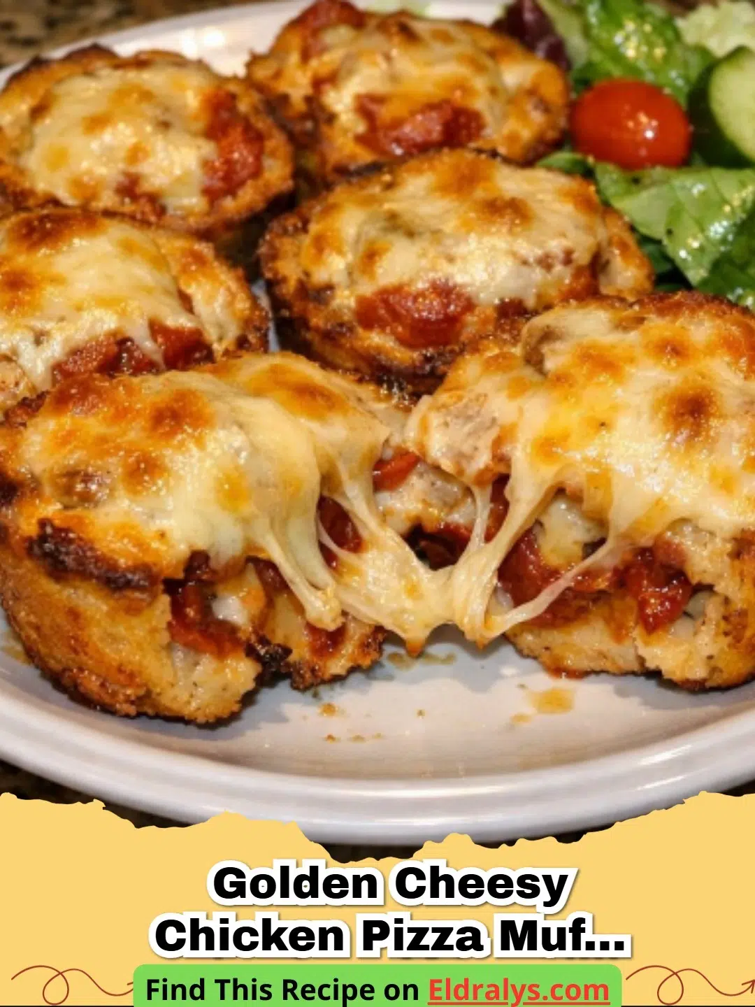 Close up of Golden Cheesy Chicken Pizza Muffin Cups in a muffin tin