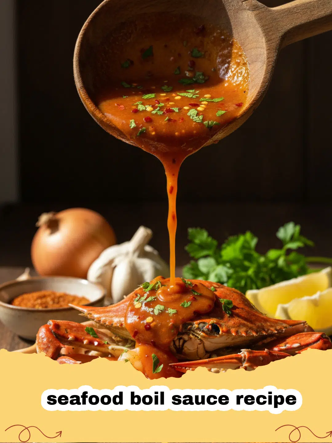 A close up shot of a vibrant red seafood boil sauce recipe in a glass bowl surrounded by lemon wedges