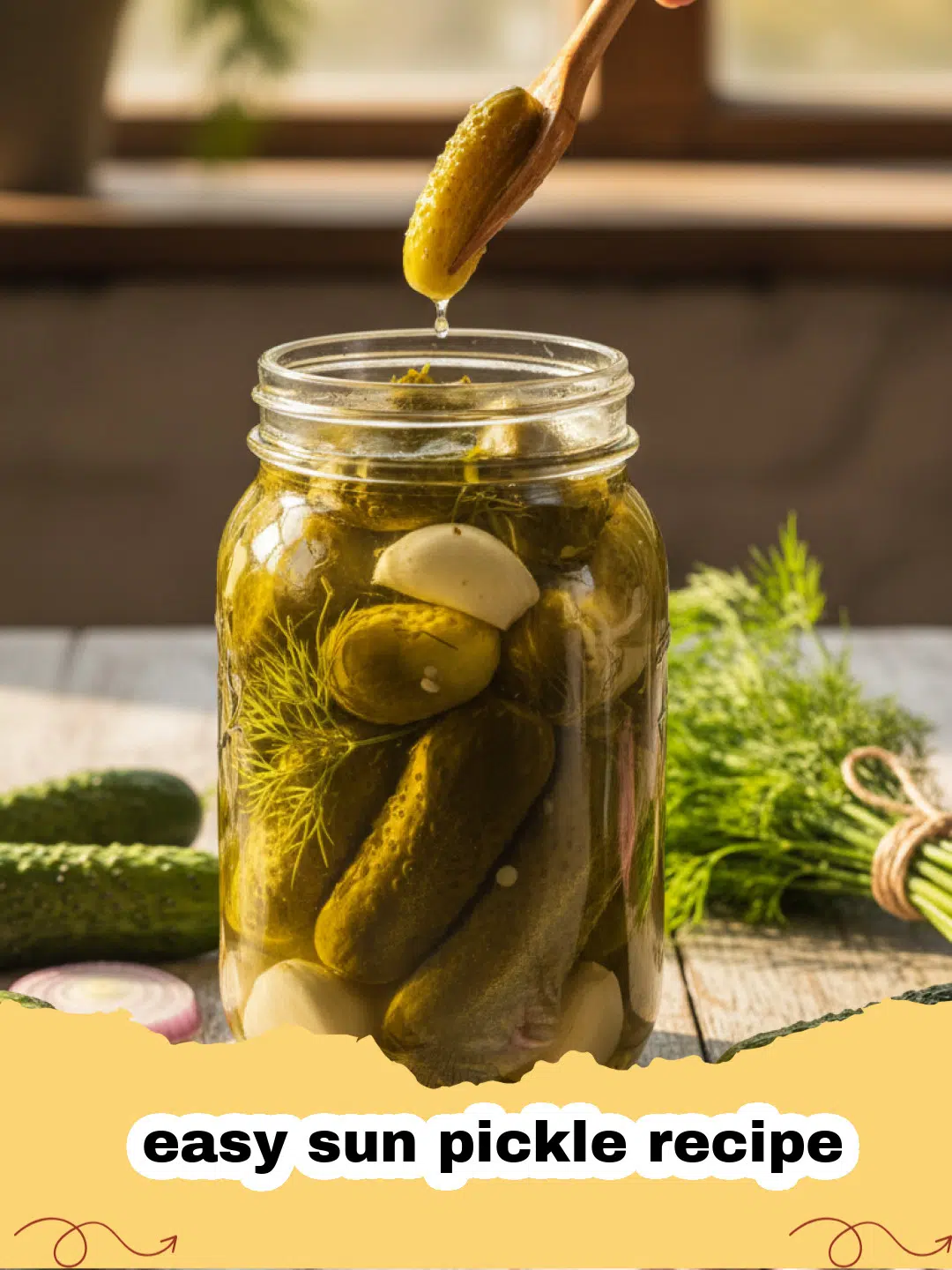 easy sun pickle recipe - Two jars of sun pickles fermenting in the bright summer sunlight on a wooden porch.