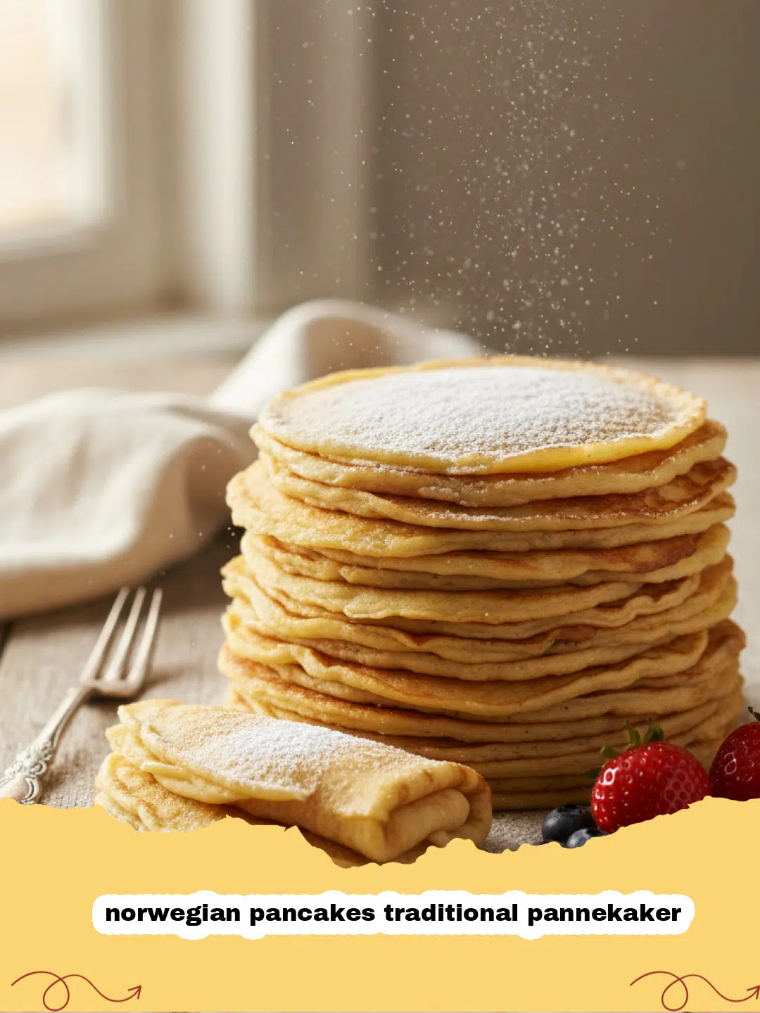 norwegian pancakes traditional pannekaker - A stack of thin Norwegian pancakes rolled and served with lingonberry jam.