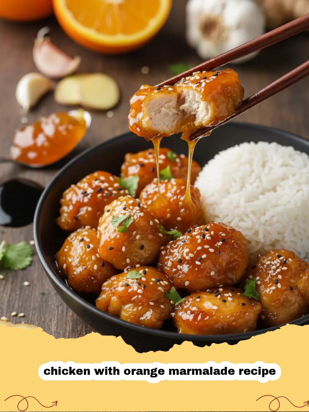 chicken with orange marmalade recipe - Sticky orange marmalade chicken served over white rice with green onion garnish.