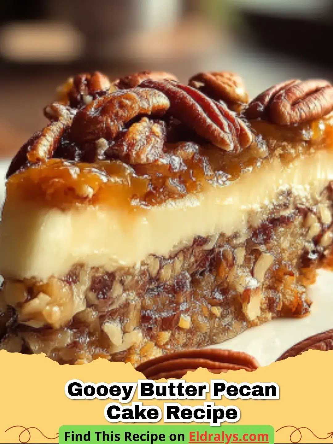 A close up shot of a slice of Gooey Butter Pecan Cake Recipe with toasted pecans on top