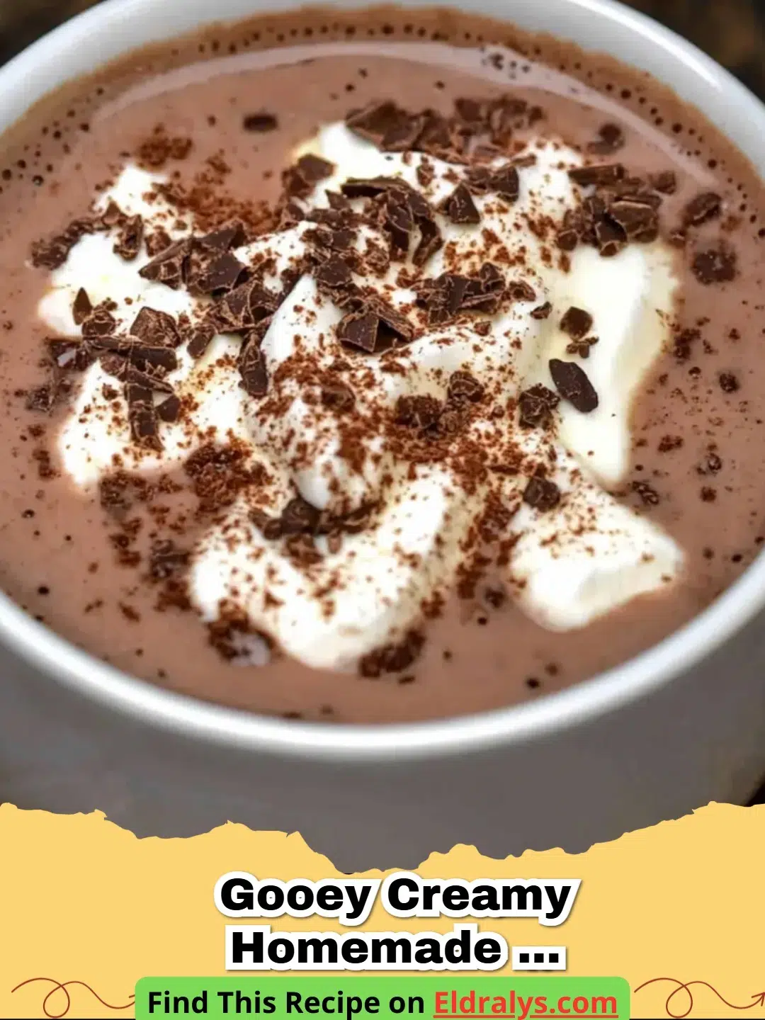 A close up of Gooey Creamy Homemade Hot Chocolate in a ceramic mug with melting marshmallows