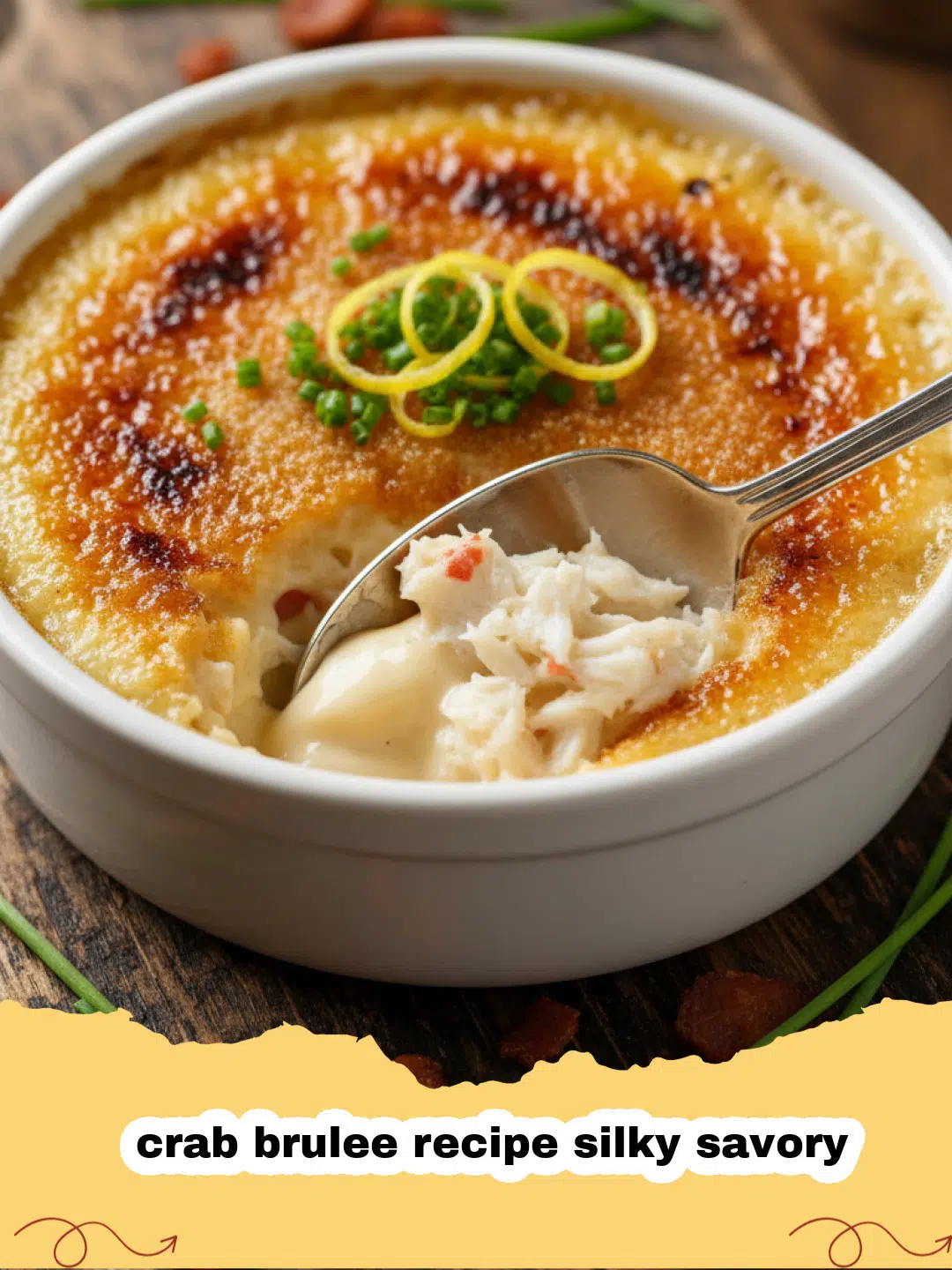 crab brulee recipe silky savory - A close up shot of a savory crab brulee in a white ramekin with a golden parmesan crust