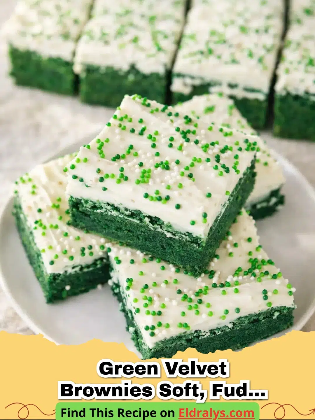 Green Velvet Brownies with Cream Cheese Frosting - A close up shot of a sliced Green Velvet Brownie with a thick layer of white cream cheese frosting.