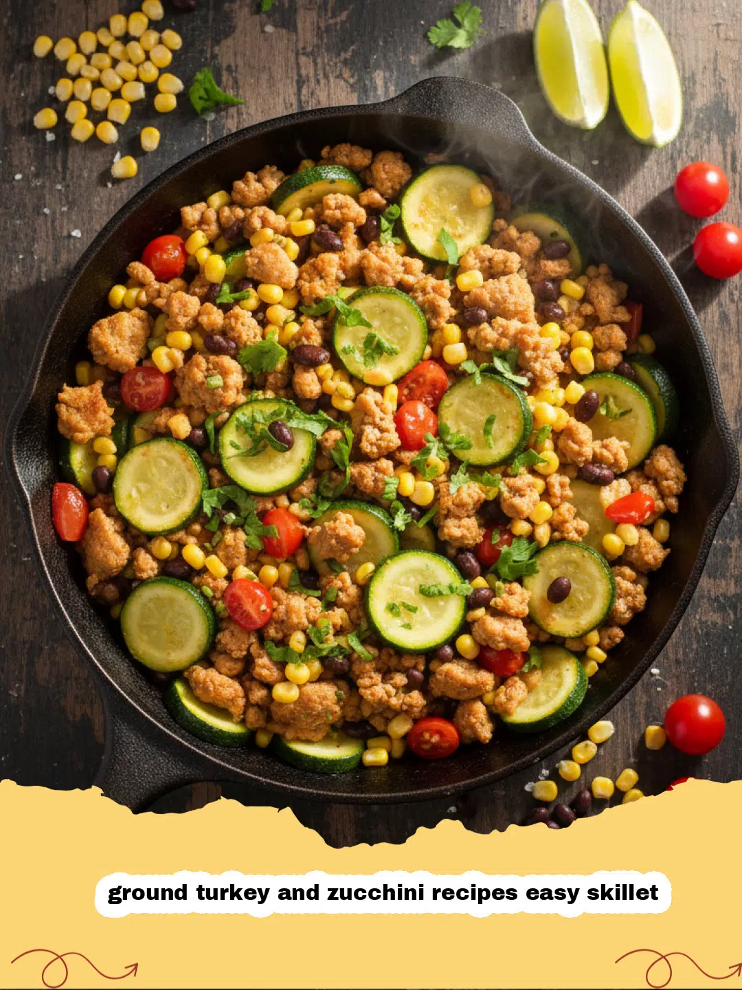 ground turkey and zucchini recipes easy skillet - A steaming skillet filled with browned ground turkey and bright green diced zucchini.