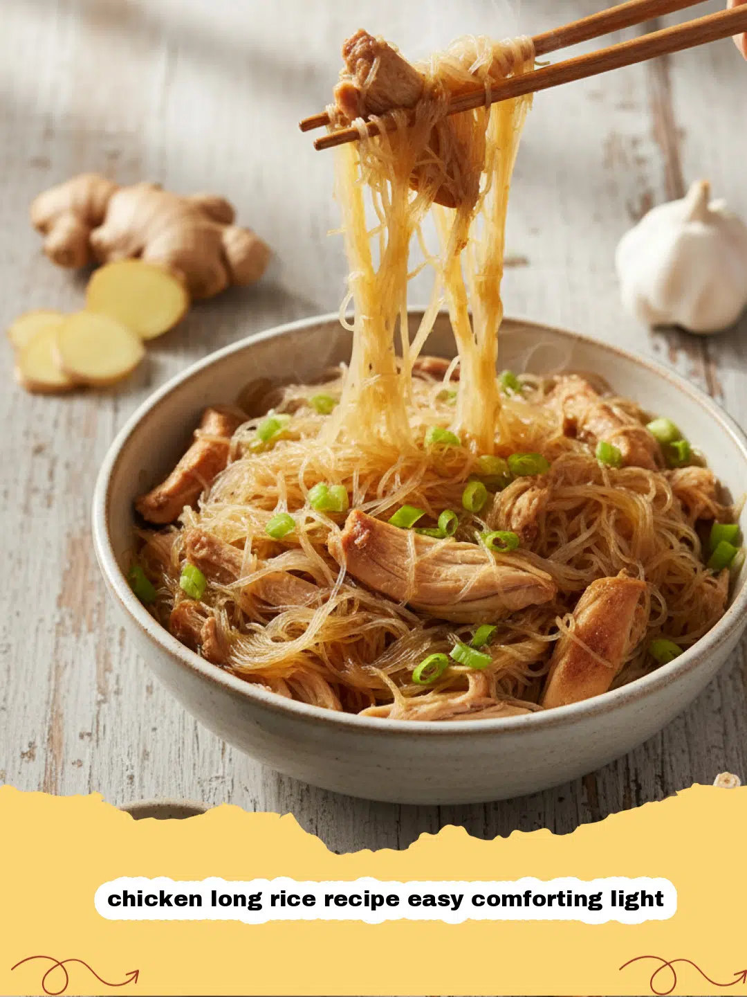chicken long rice recipe easy comforting light - A steaming bowl of chicken long rice with translucent noodles, shredded chicken, and green onion garnish.