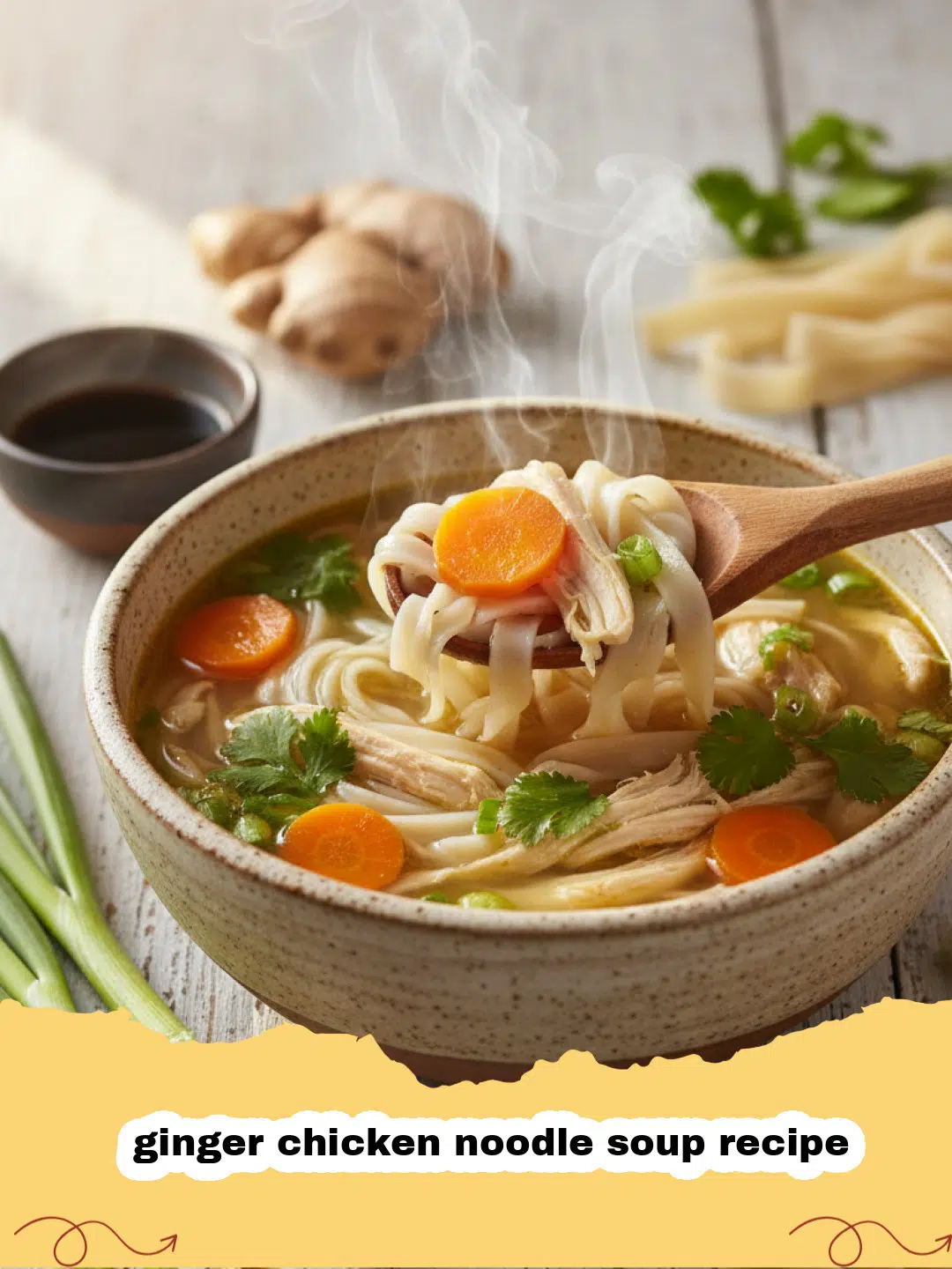 ginger chicken noodle soup recipe - A steaming bowl of ginger chicken noodle soup with fresh herbs and lime