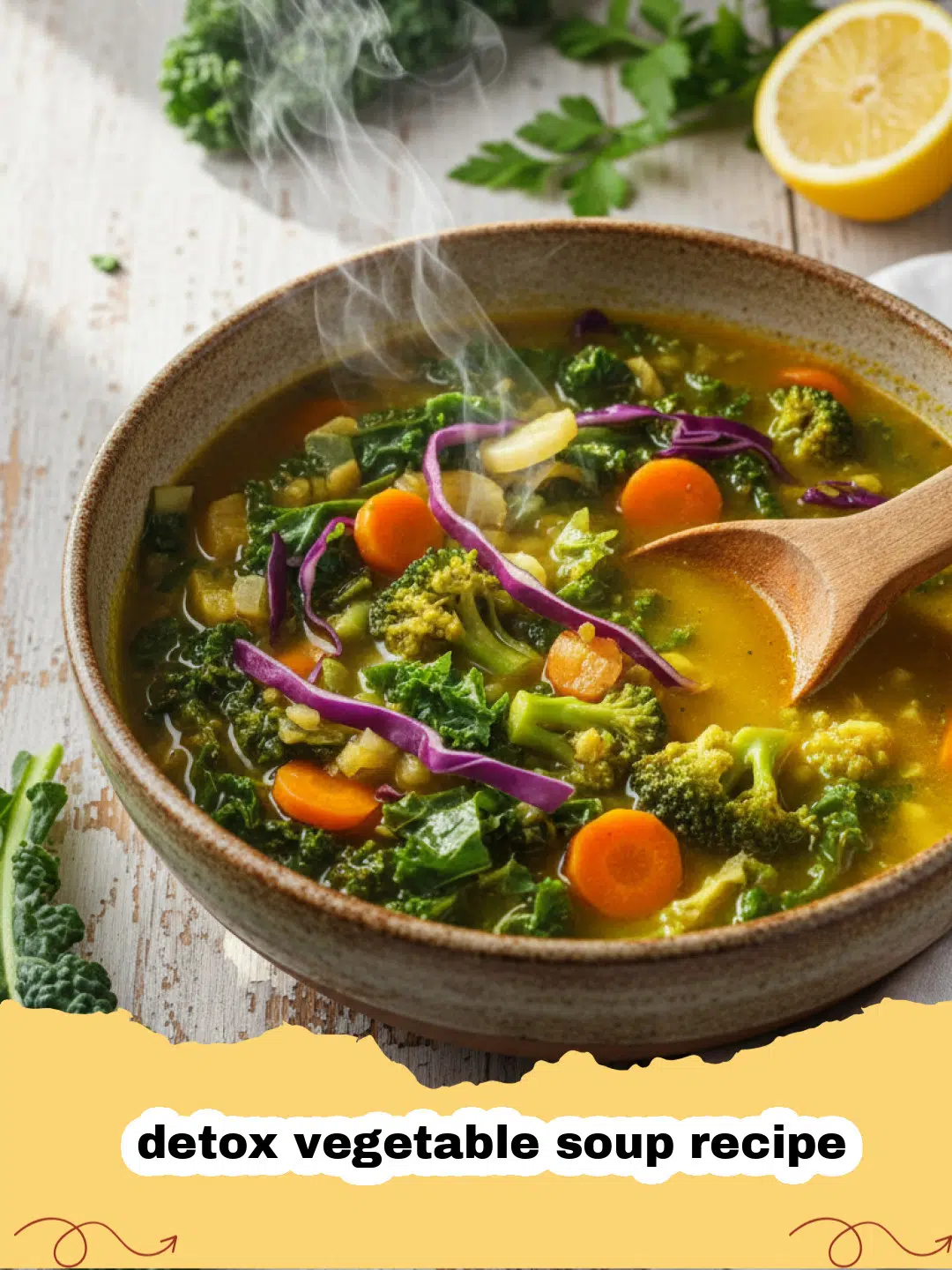 A colorful bowl of detox vegetable soup recipe with kale and carrots.
