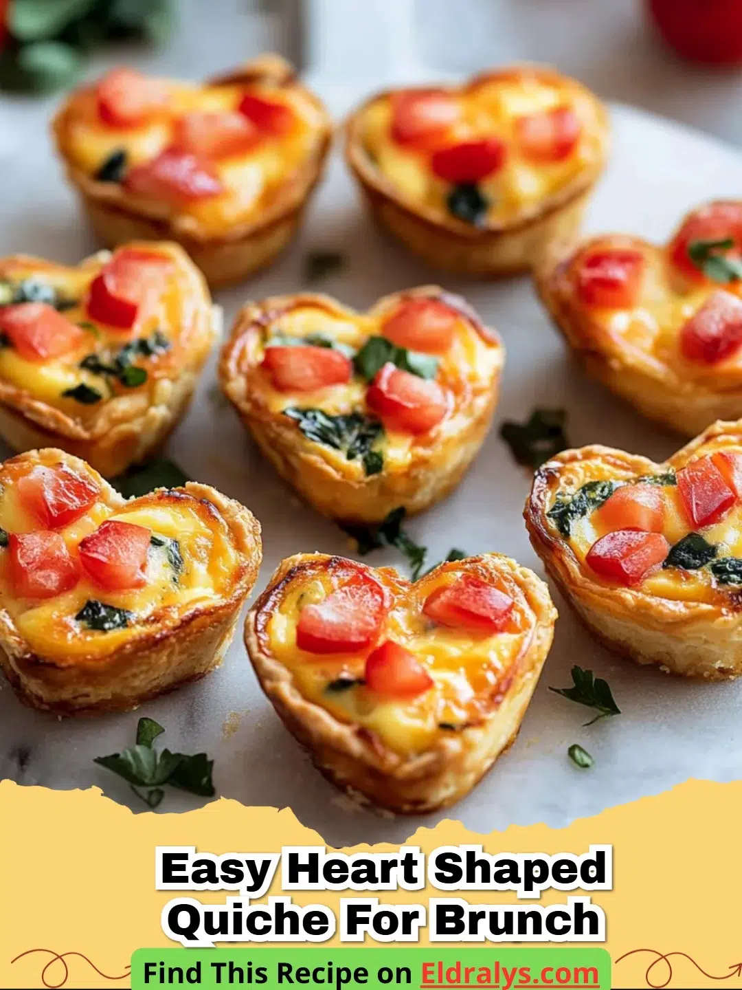 A golden brown Heart Shaped Quiche served on a white plate for brunch.