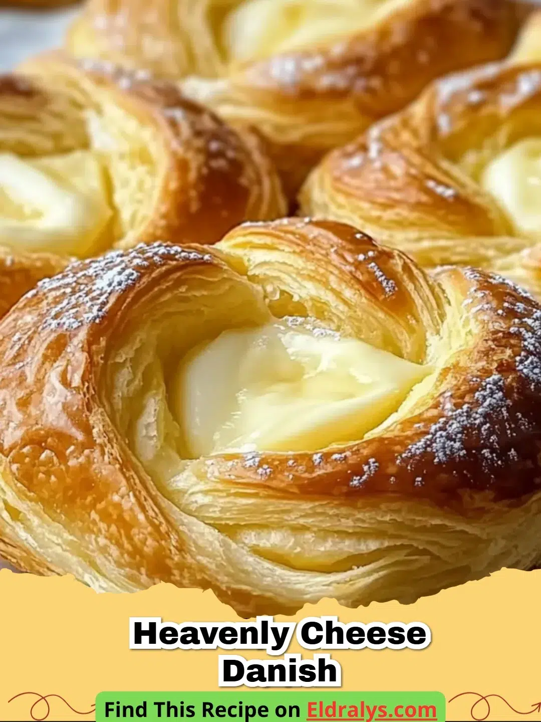 A golden brown and flaky Heavenly Cheese Danish with a creamy white center