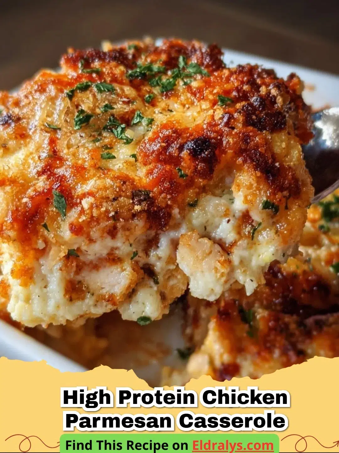 Golden brown High Protein Chicken Parmesan Casserole in a baking dish