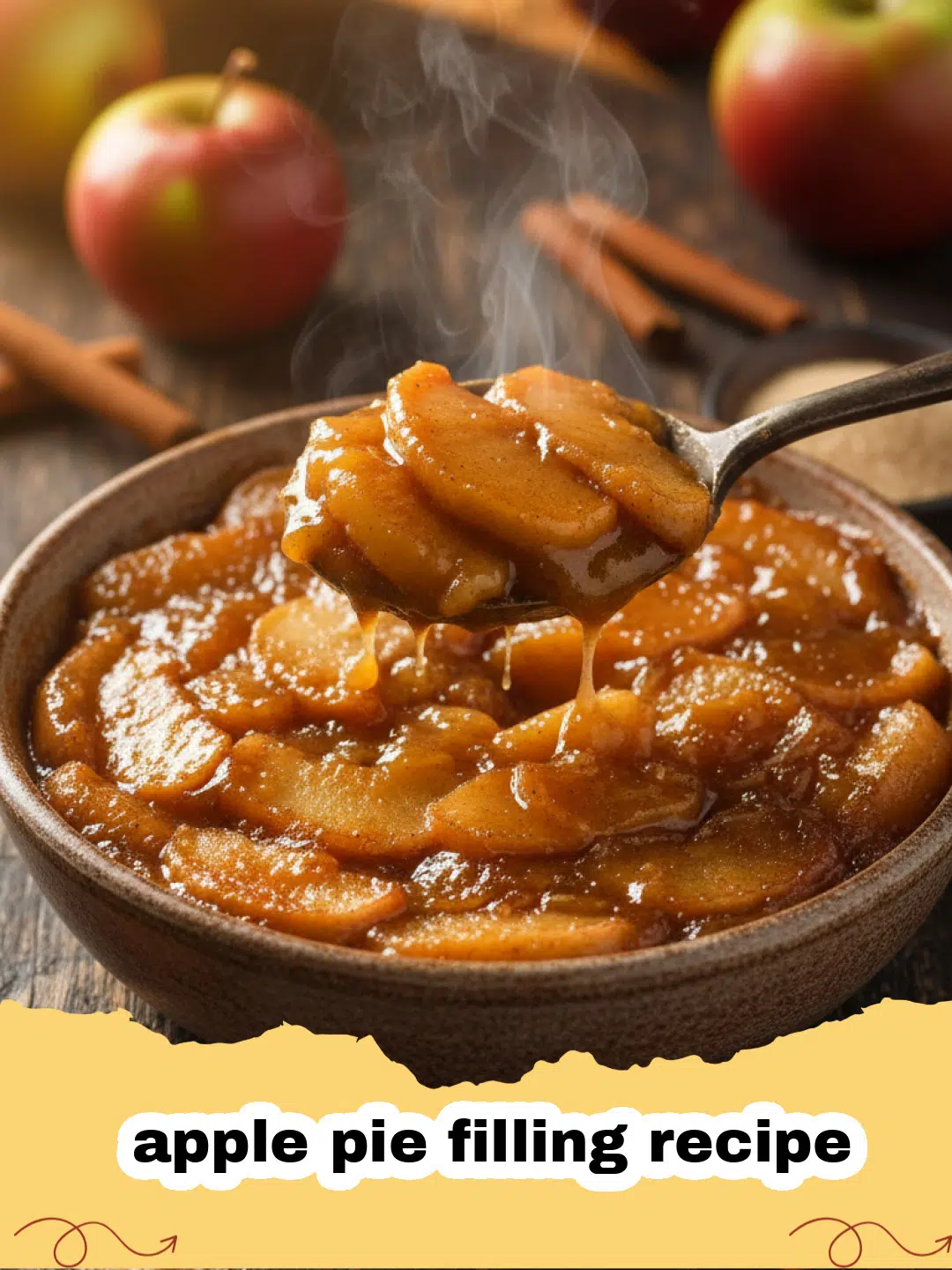 apple pie filling recipe - A close-up of golden-brown apple pie filling with cinnamon sauce in a glass bowl.