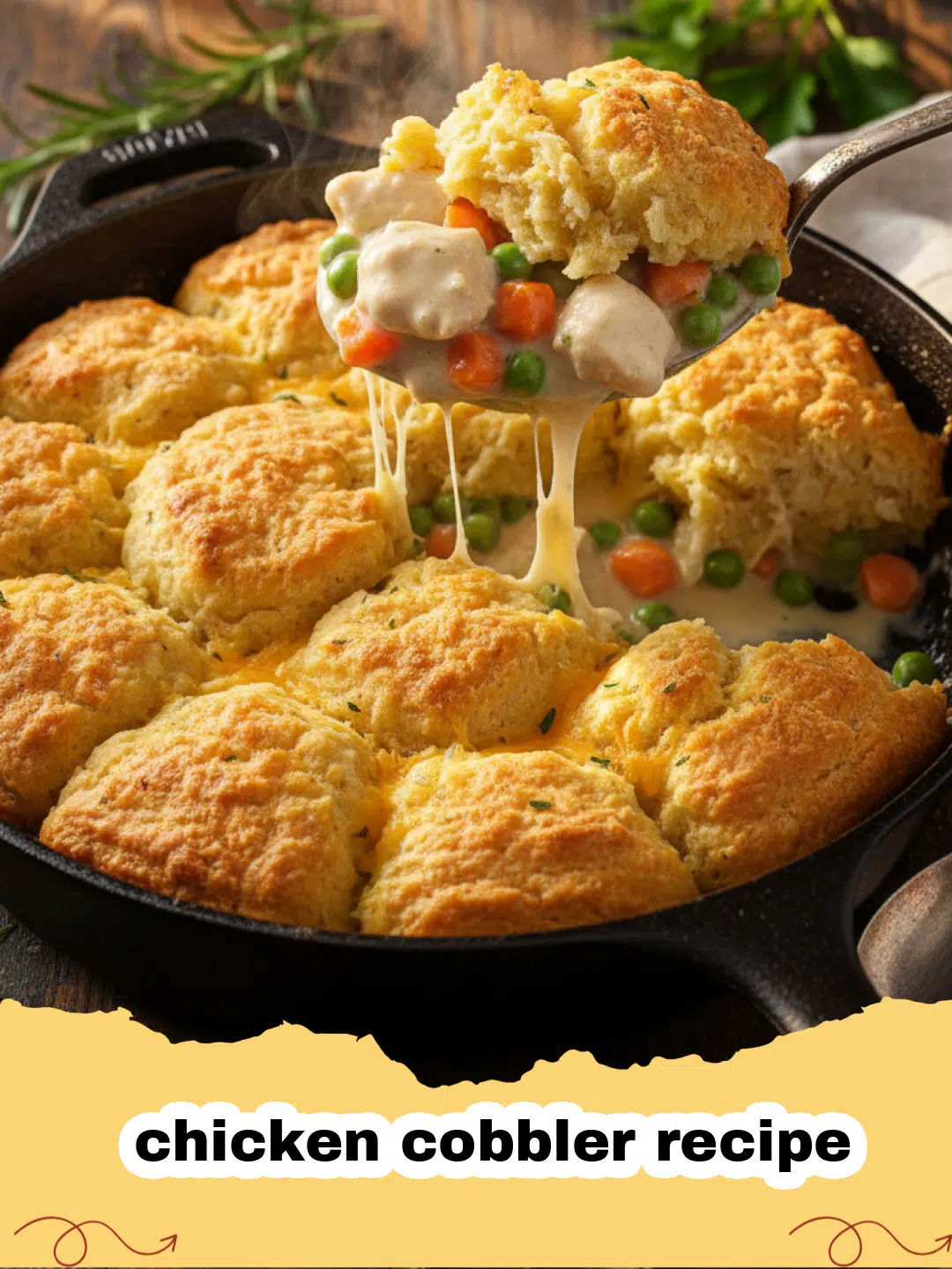 chicken cobbler recipe - A golden brown chicken cobbler in a glass baking dish with a creamy filling and biscuit topping.