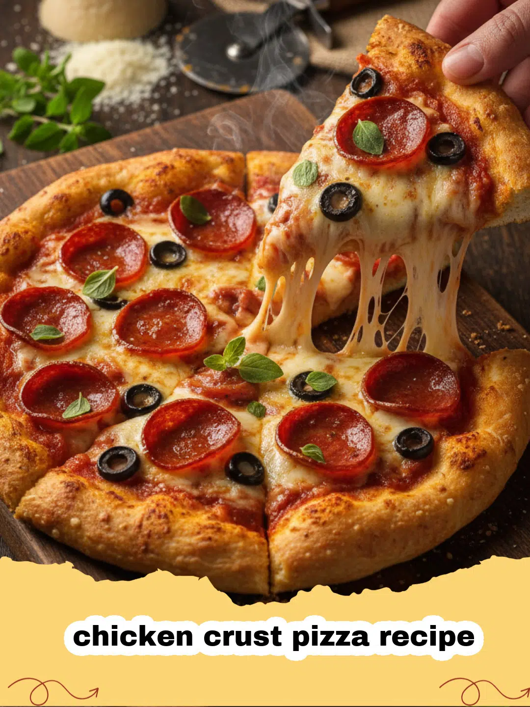 chicken crust pizza recipe - A delicious chicken crust pizza topped with melted mozzarella and fresh basil on a wooden board.