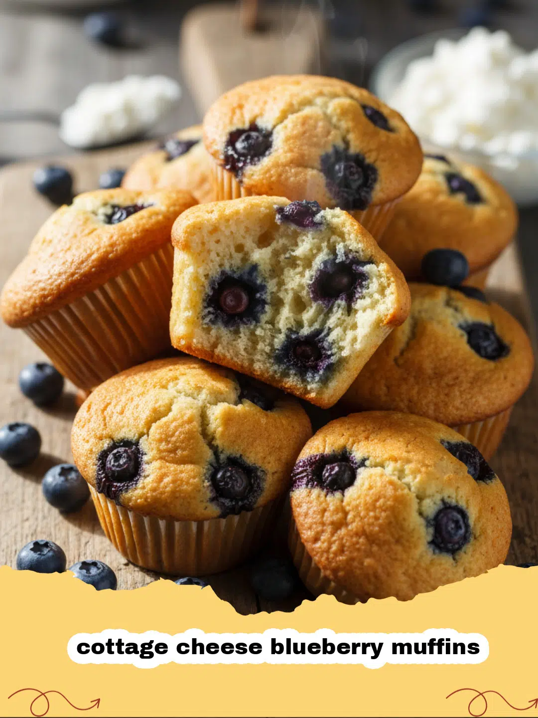 A tray of freshly baked cottage cheese blueberry muffins with a golden crust and bursting berries.