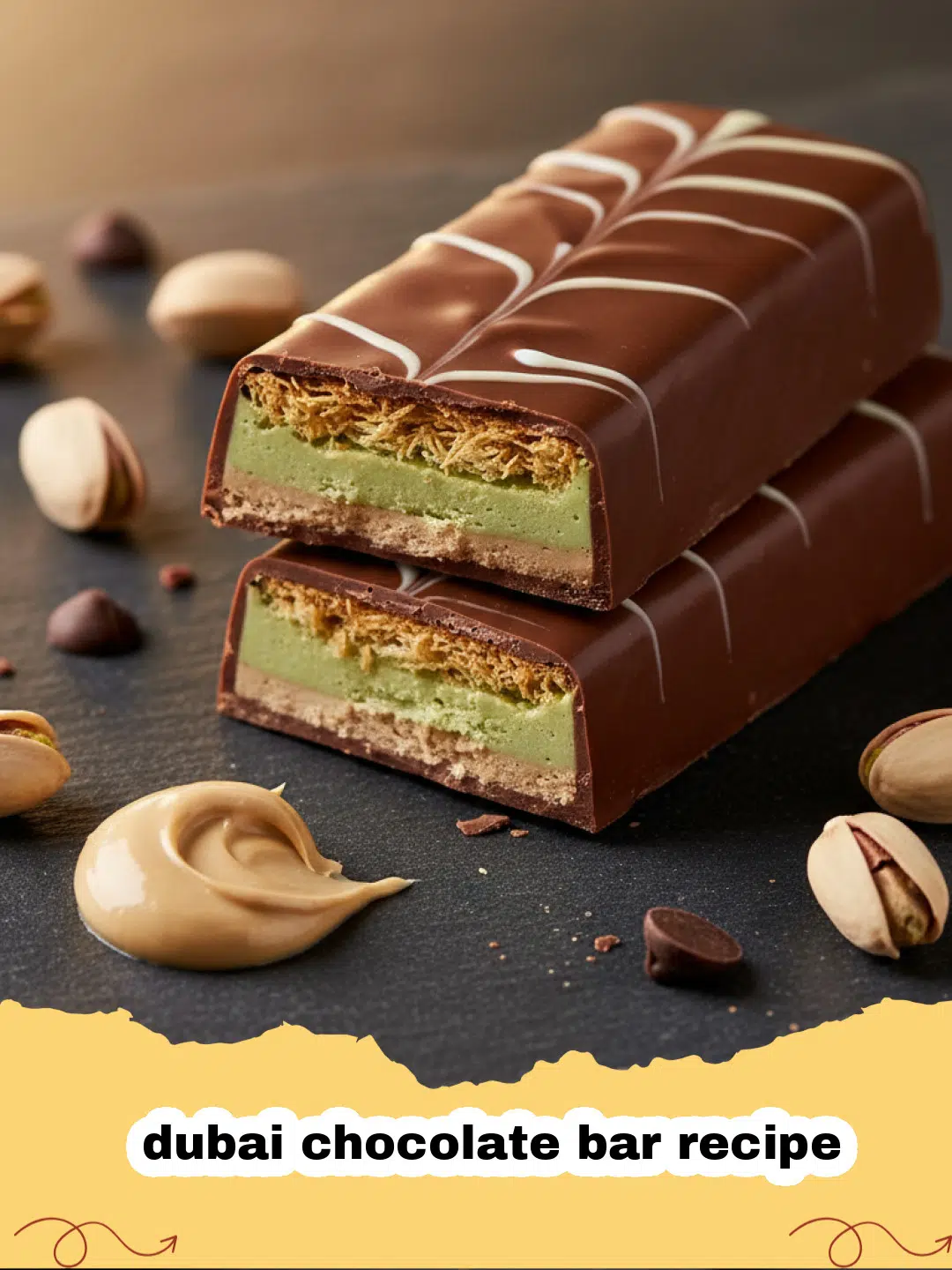 dubai chocolate bar recipe - Close up of a broken Dubai chocolate bar showing the green crunchy pistachio filling
