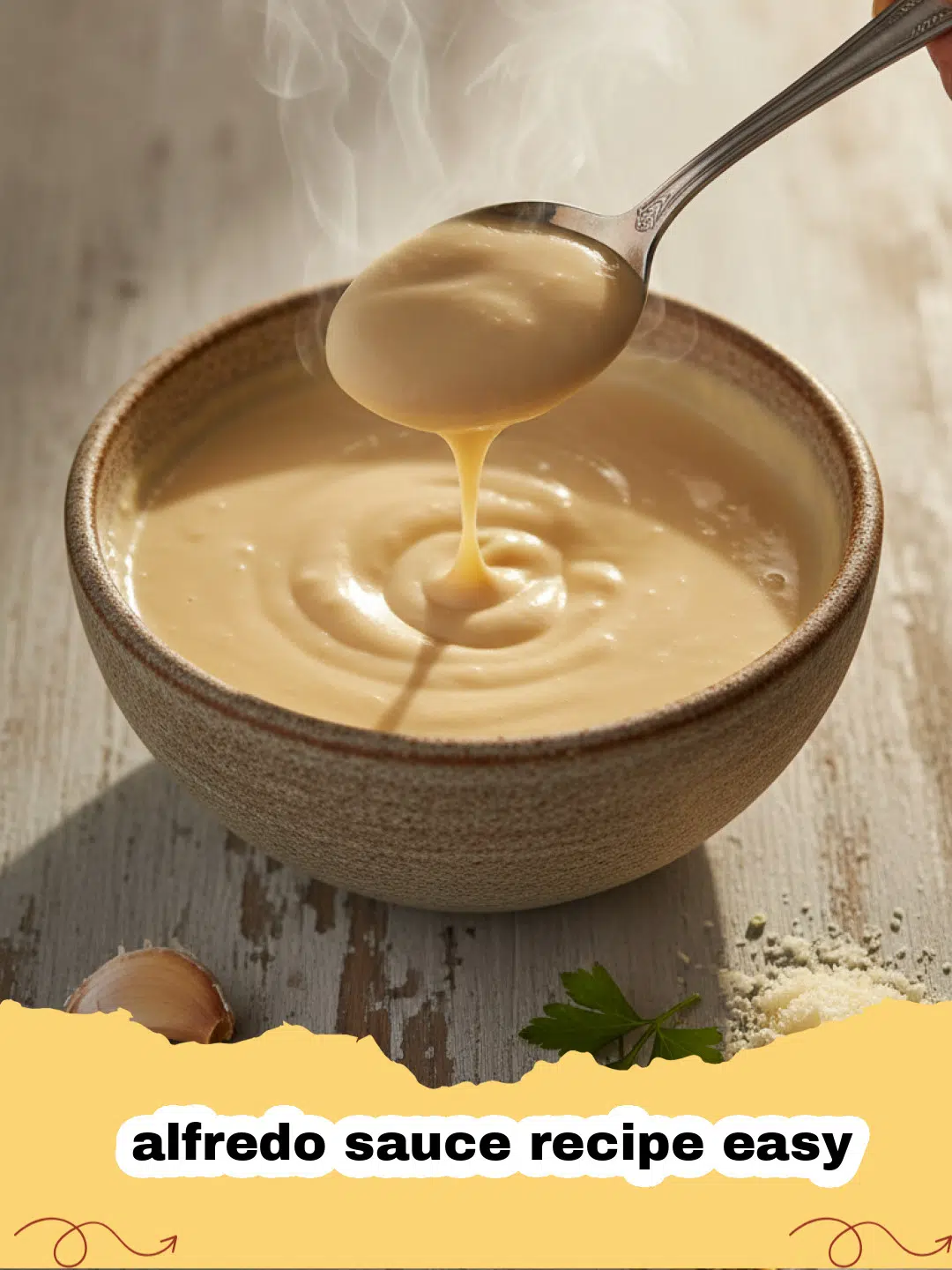 alfredo sauce recipe easy - Creamy white alfredo sauce in a skillet with a wooden spoon.