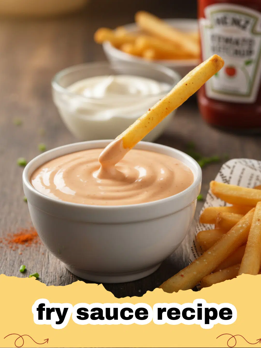 fry sauce recipe - A small glass bowl of creamy orange fry sauce surrounded by golden French fries.
