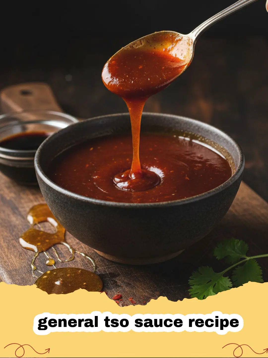 general tso sauce recipe - A close up of glossy dark red General Tso sauce in a glass bowl