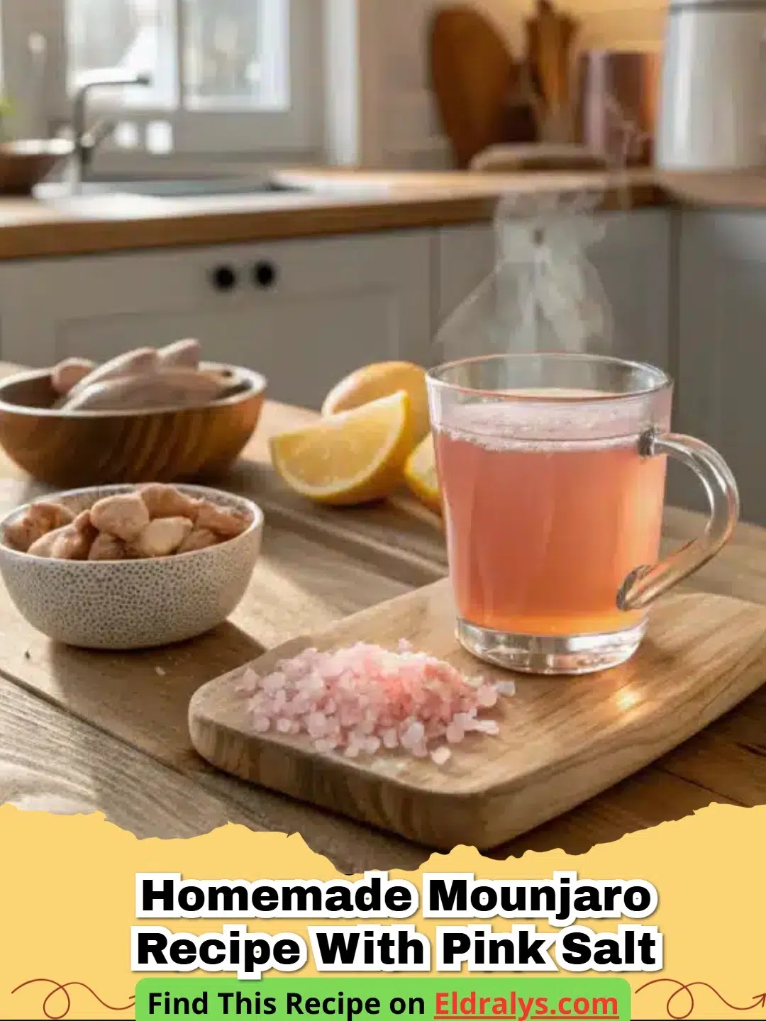A glass of the Homemade Mounjaro Recipe with Pink Salt garnished with a lemon slice.