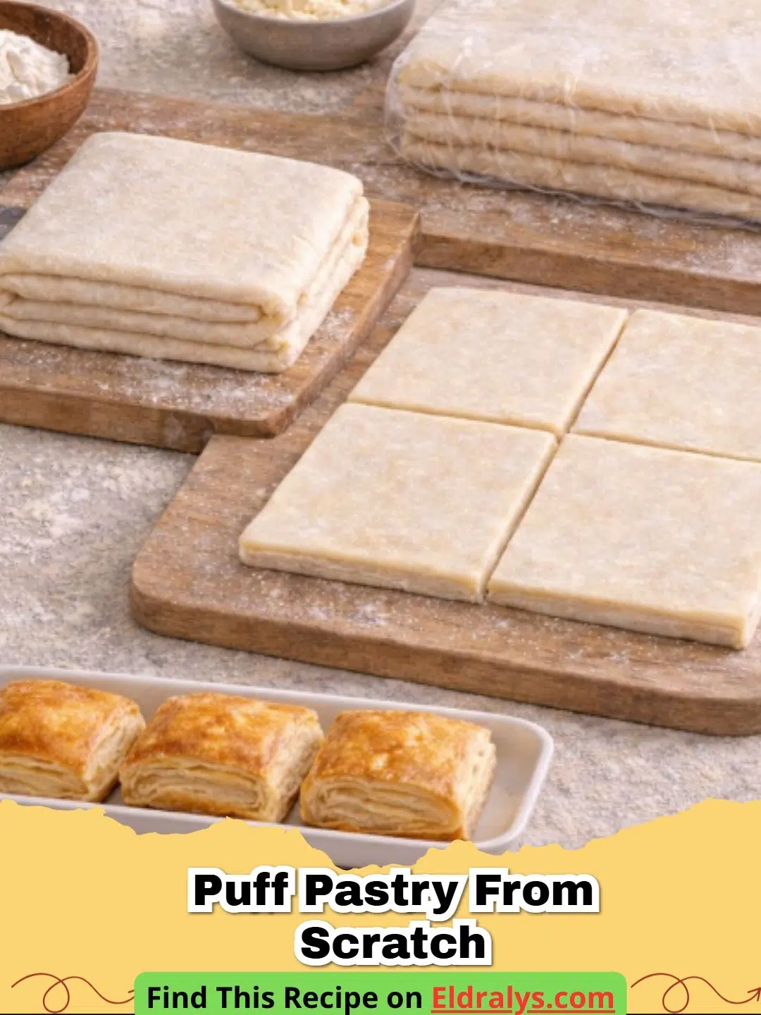 Close up of layers in a Homemade Puff Pastry Recipe from Scratch after baking