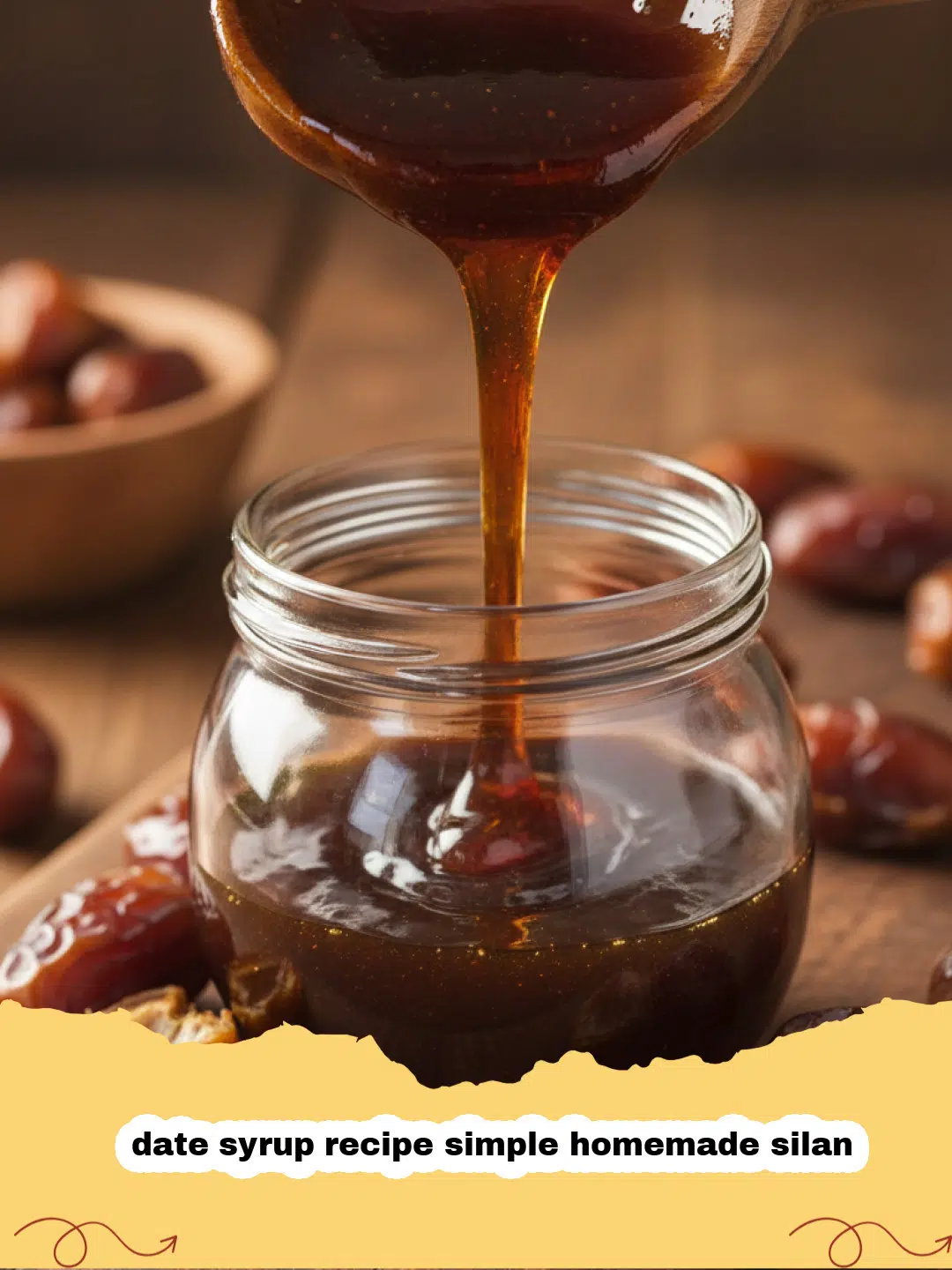 date syrup recipe simple homemade silan - A glass jar of dark, thick homemade date syrup (silan) next to fresh Medjool dates on a wooden board.