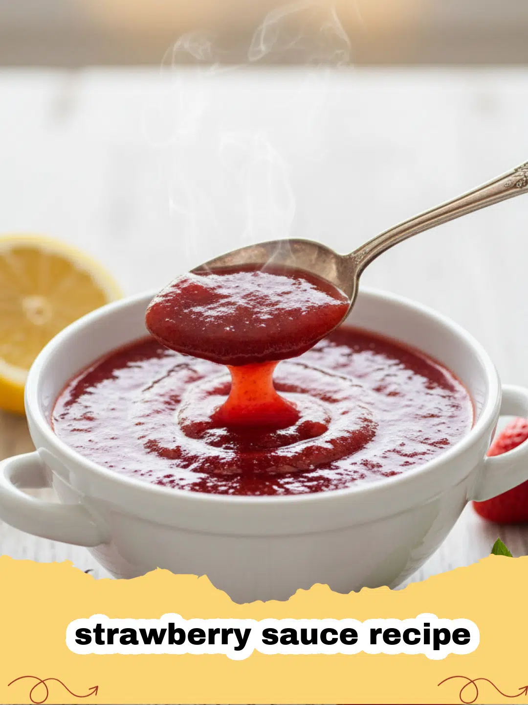 strawberry sauce recipe - A close-up of thick, red strawberry sauce dripping off a spoon over a cheesecake.