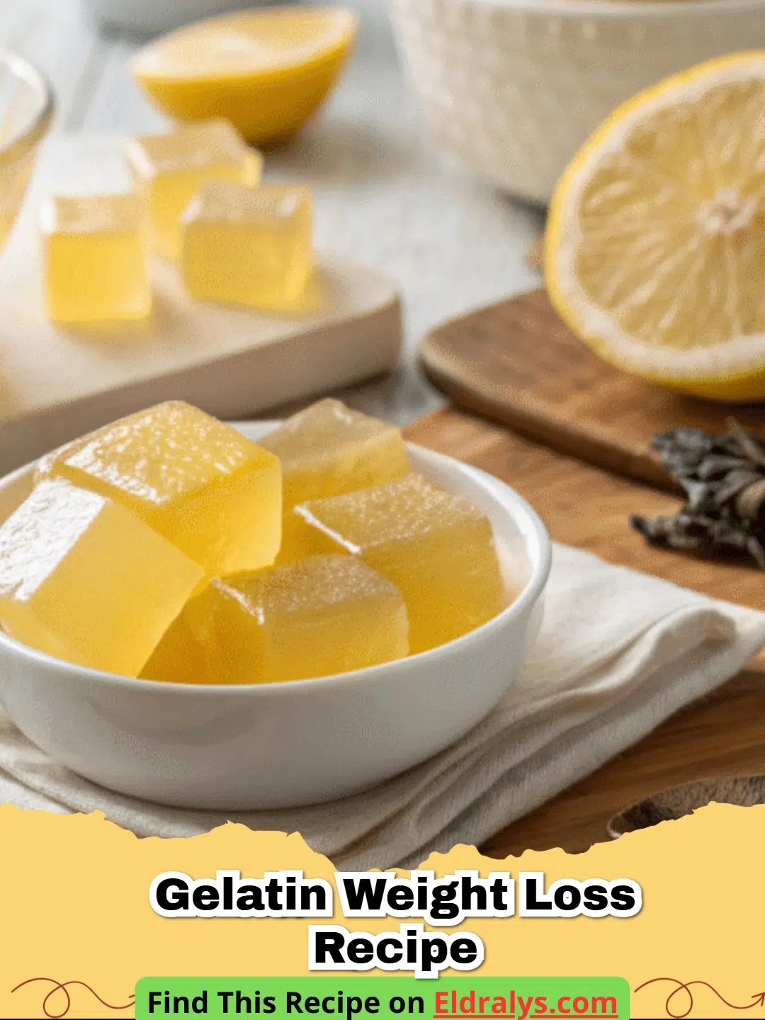 Homemade Weight Loss Gelatin Cubes Recipe - Close up of clear Homemade Weight Loss Gelatin Cubes on a plate with lemon slices