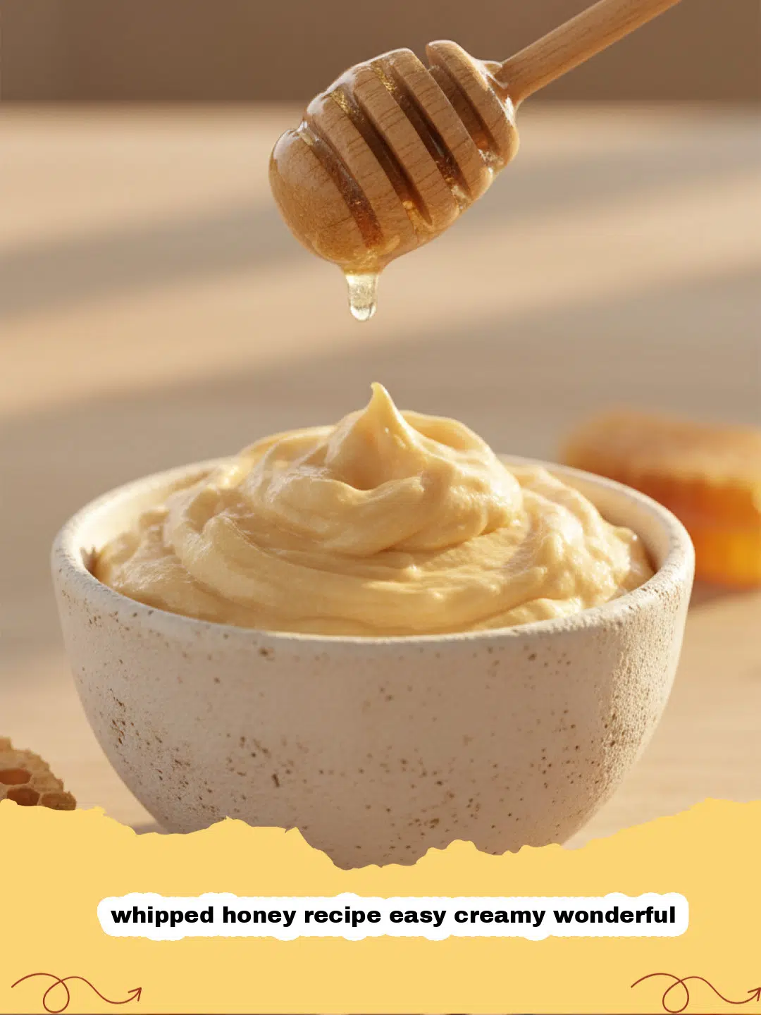 whipped honey recipe easy creamy wonderful - A close up shot of pale white whipped honey in a glass jar with a wooden honey dipper.