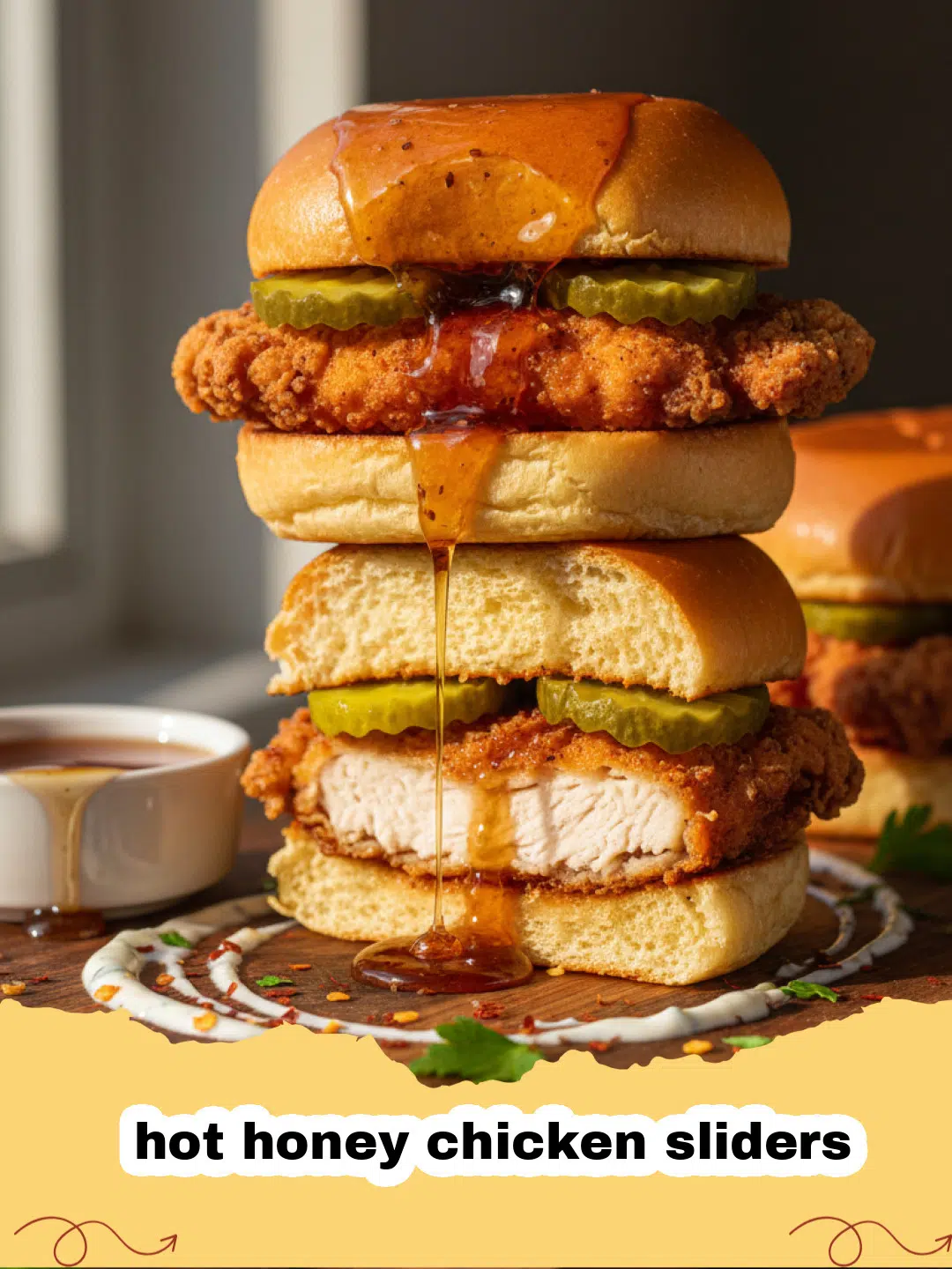 A close-up shot of several hot honey chicken sliders on a platter, dripping with honey glaze and melted cheese.