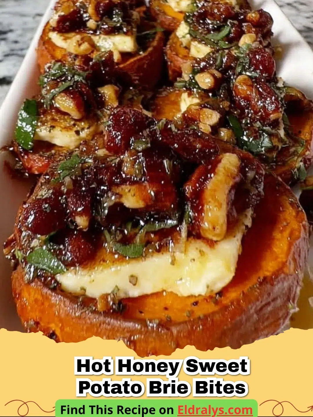 Hot Honey Sweet Potato Brie Bites on a serving platter with rosemary garnish