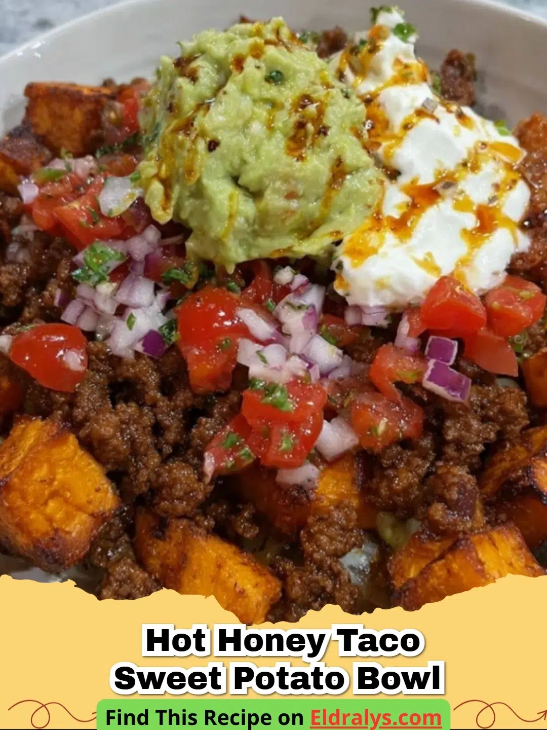 A vibrant Hot Honey Beef Taco Sweet Potato Bowl topped with avocado and cottage cheese. Learn how to describe the purpose of the image(opens in a new tab). Leave empty if the image is purely