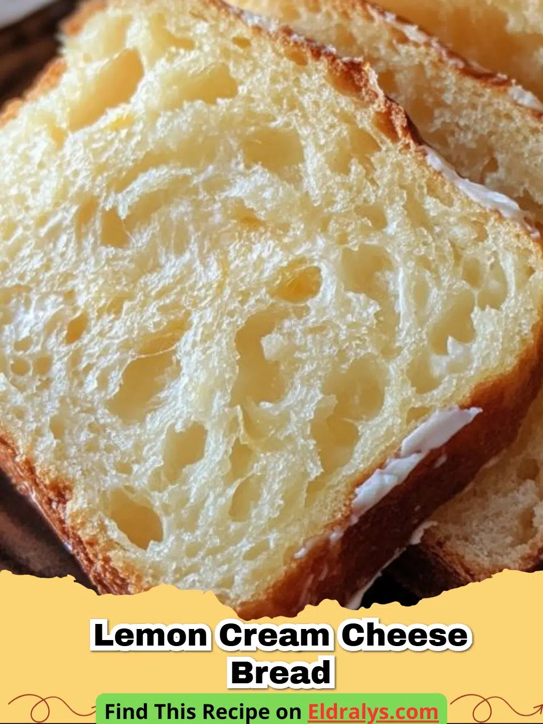 Slices of moist Lemon Cream Cheese Bread showing the white cream cheese swirl inside.